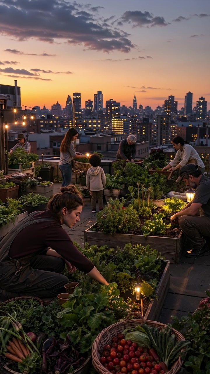 Group of people urban gardening on a rooftop farm with a city skyline at sunset