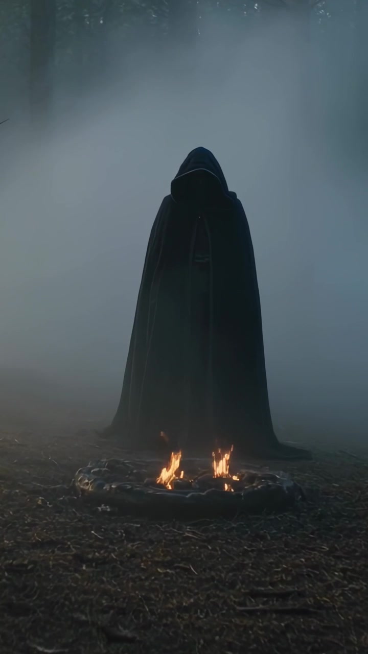 Vertical video: Burning fire ring casting hooded figure standing in foggy clearing, cloak trailing