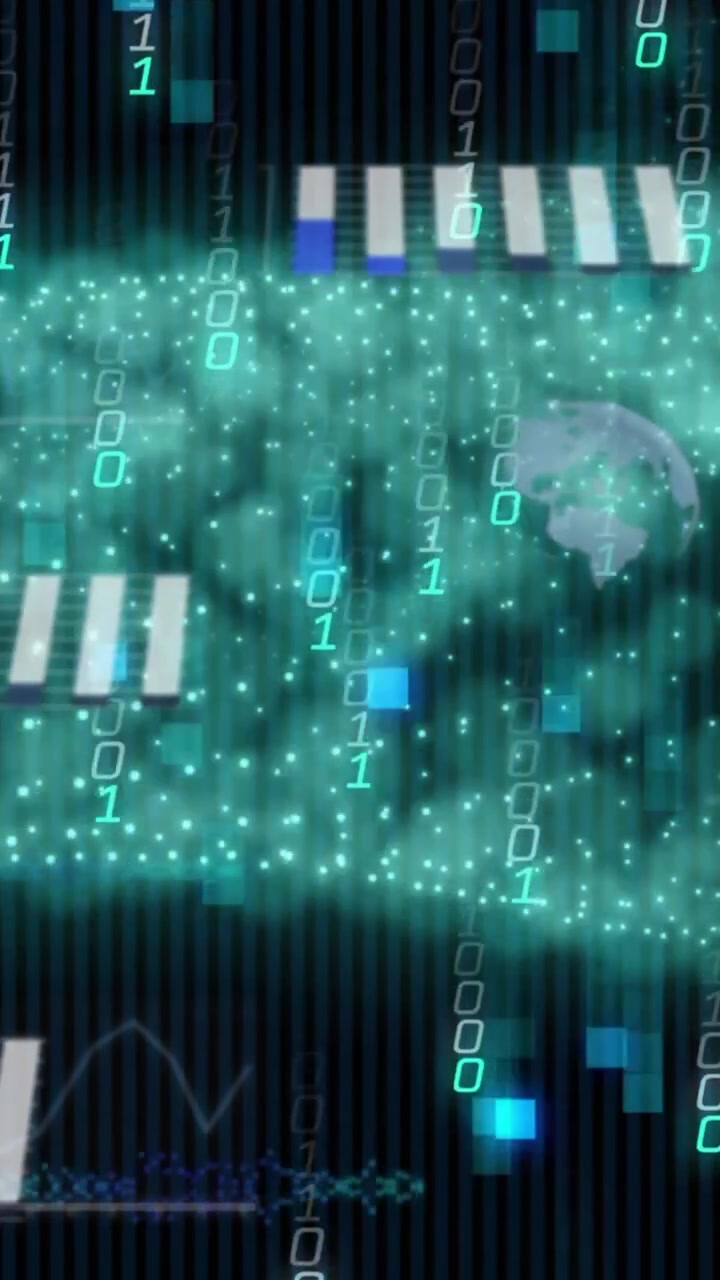Animation of binary codes moving in wave patterns over globes and graphs