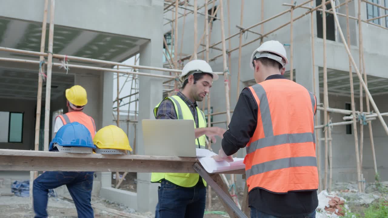 gerente profesional de ingenieros civiles masculinos o arquitectos y capataz, trabajador. mientras se reúnen discutir inspeccionar con computadora portátil, proyecto de construcción de plano en el sitio de construcción.