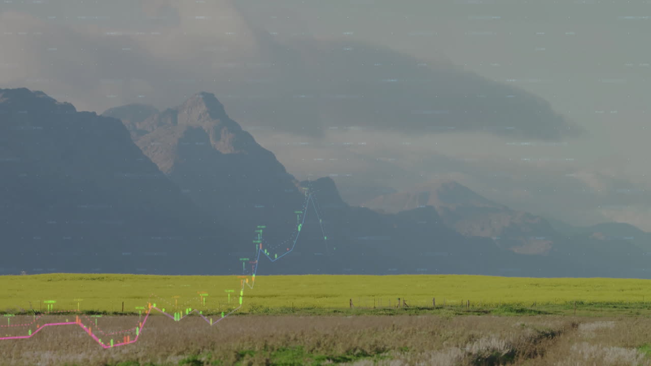 Stock market graph animation over scenic mountain landscape with green fields