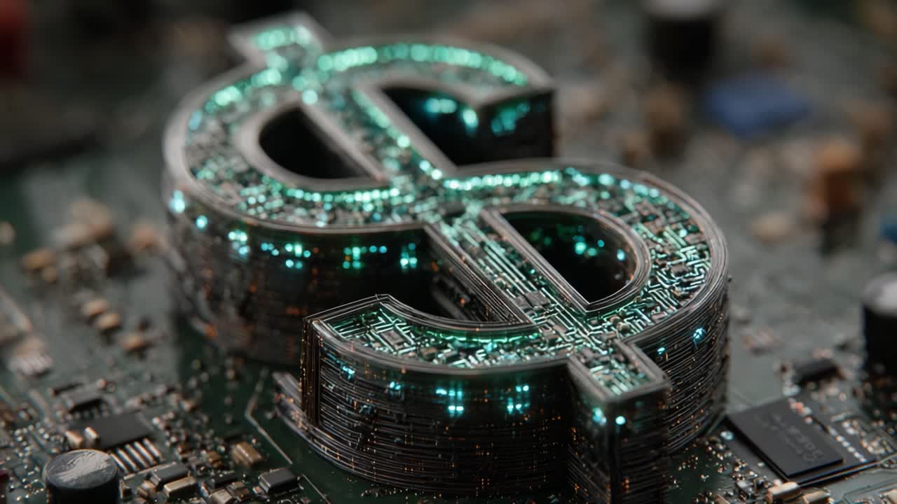 A Captivating Digital Representation of Wealth: A Circuit Board Dollar Sign Glowing with Technology and Innovation Symbolizing Currency in the Modern Era