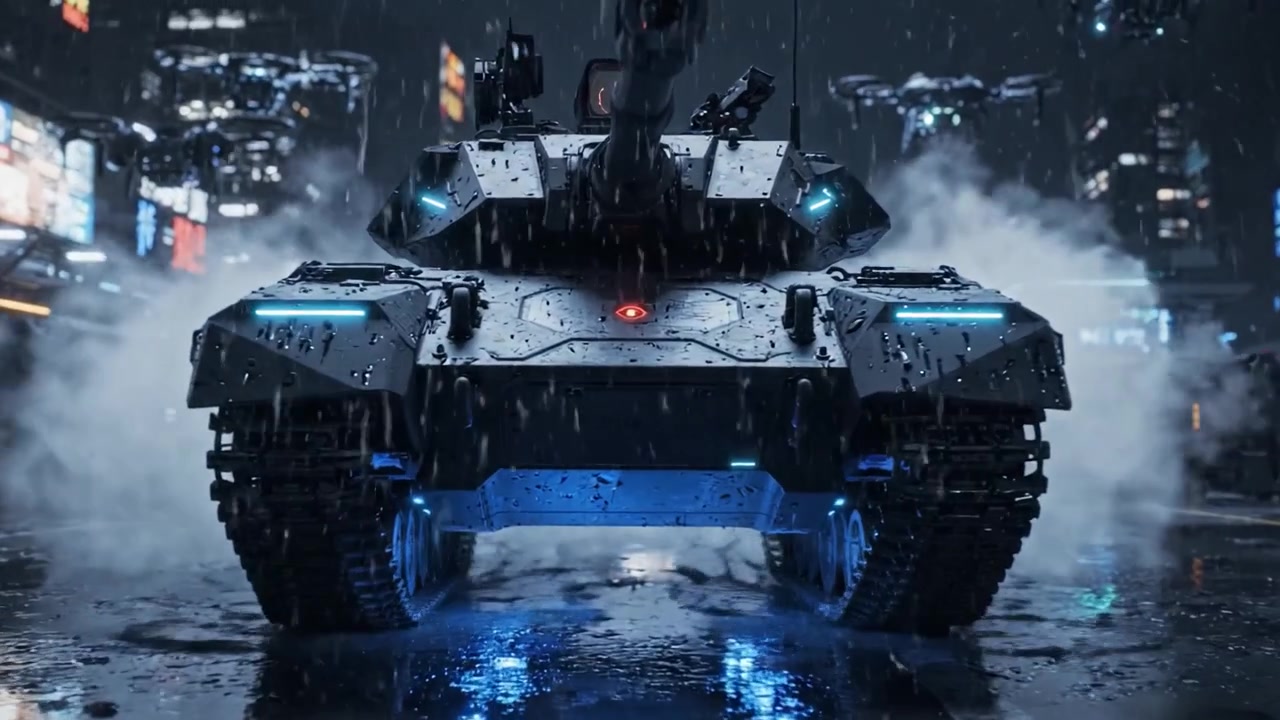 Futuristic Battle Tank in Cyberpunk Environment: A High-Tech Armored Vehicle Showcasing Advanced Design and Dynamic Lighting in a Rain-Soaked Urban Landscape