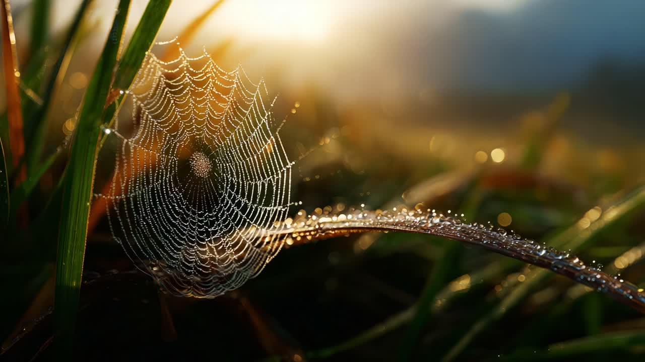 A Stunning Spider Web Glistening with Morning Dew, Captured in the Soft Light of Dawn Amidst Lush Green Grass, Showcasing Nature's Intricate Beauty and Design