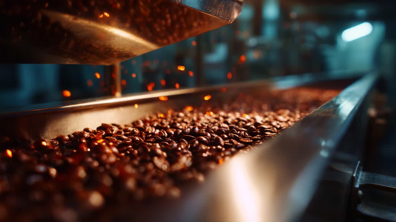 Captivating Close-Up of Roasting Coffee Beans in a Production Line, Highlighting the Rich Texture and Aroma of Freshly Roasted Coffee Beans on Conveyor Belt