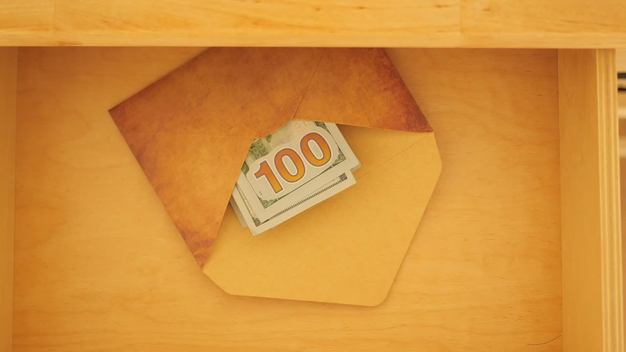A hundred-dollar bill in an envelope inside a wooden drawer