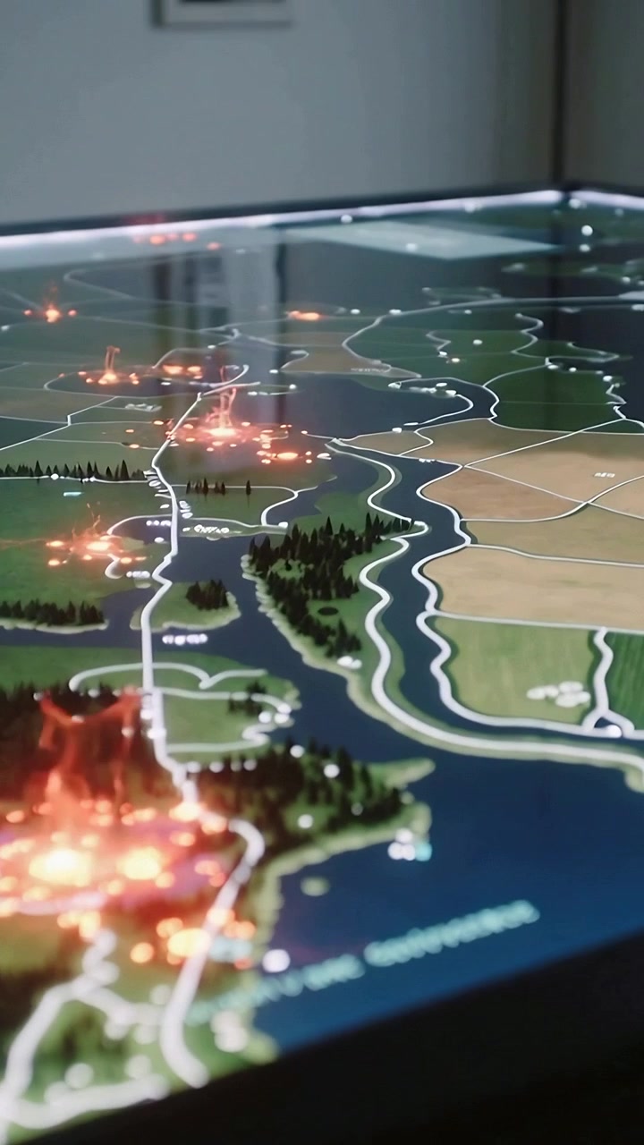 Vertical video: Camera gliding over interactive table with 3D map pulsing red hotspots in demo room
