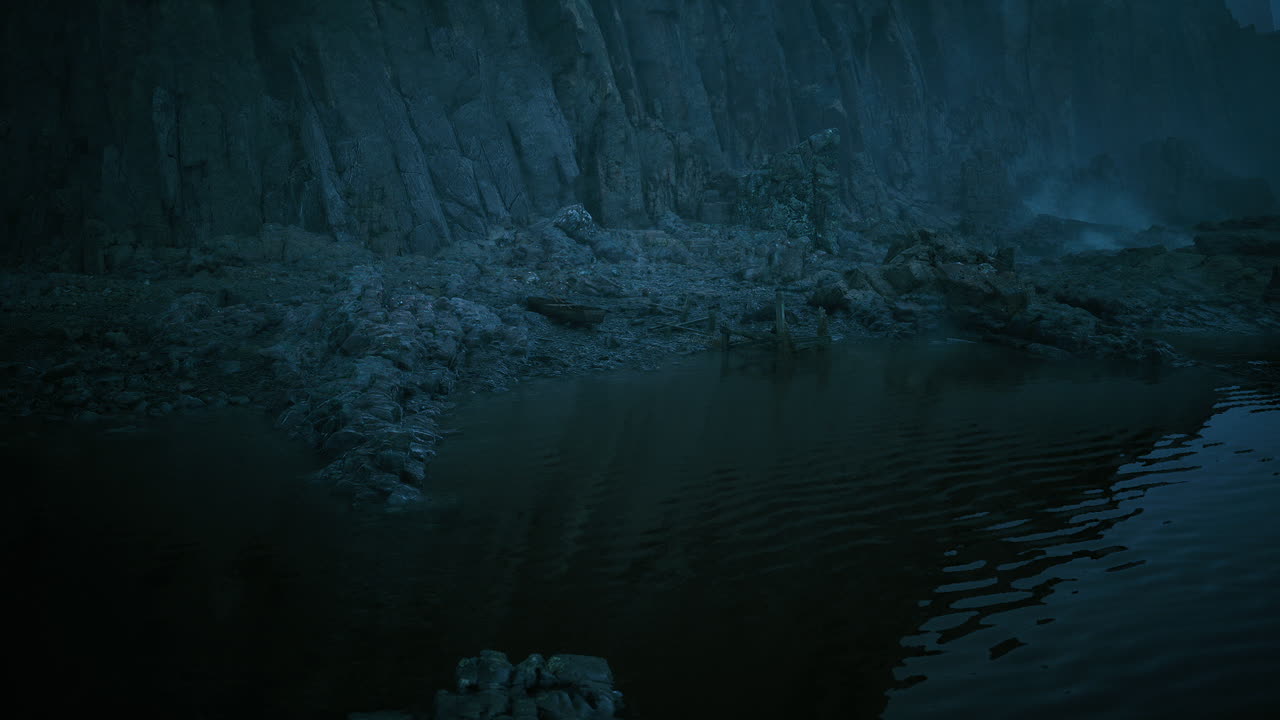 Quiet midnight bay with icy hues and peaceful ripples present