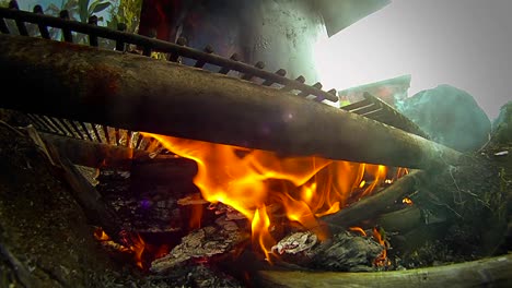 un fuego arde debajo de una tetera en un campamento