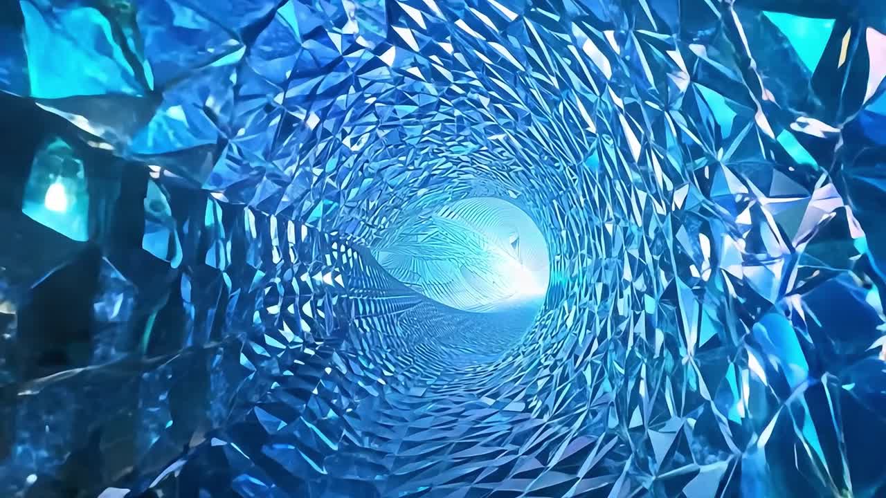la luz viaja a través de un túnel de cristal formado por formas geométricas, creando una experiencia visual abstracta y vibrante.