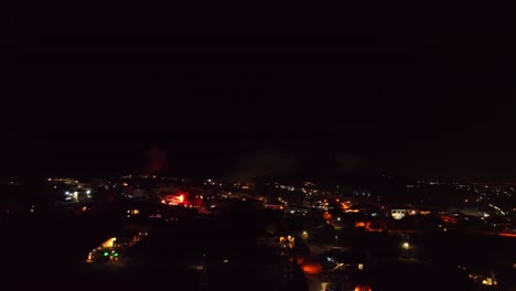 new year's eve fireworks over brightly lit city skyline, night celebration, vibrant bursts, and festive ambiance.