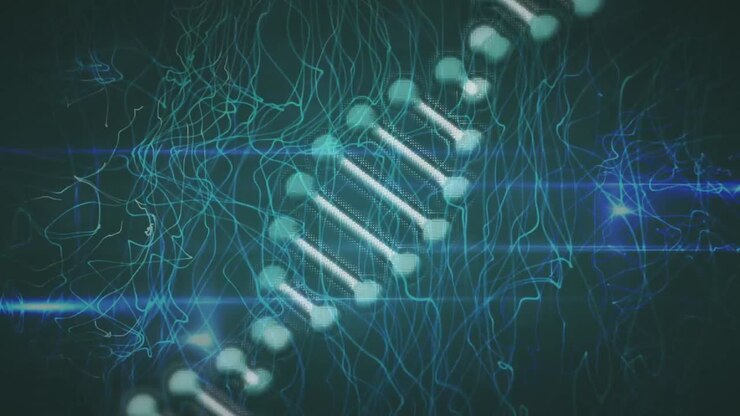 Animation of dna strand over networks of connections on black background