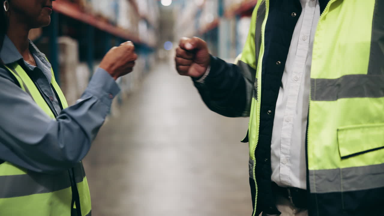 Trabalhadores de armazém cumprimentando-se