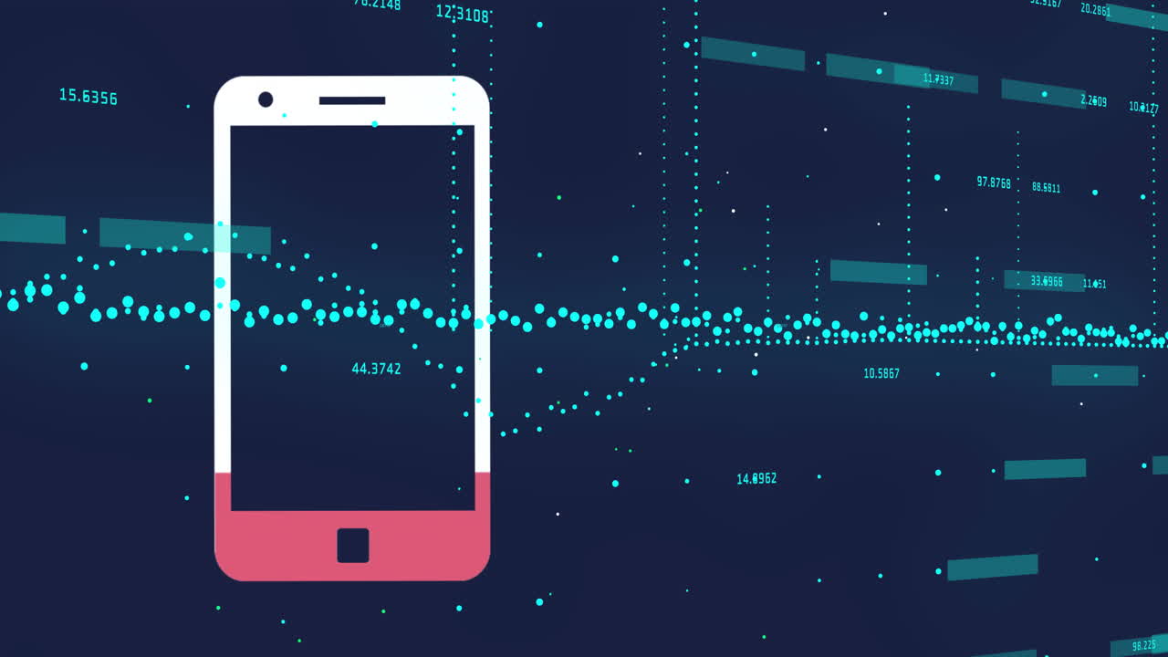 Displaying smartphone silhouette with streaming teal data points and numbers on navy backdrop