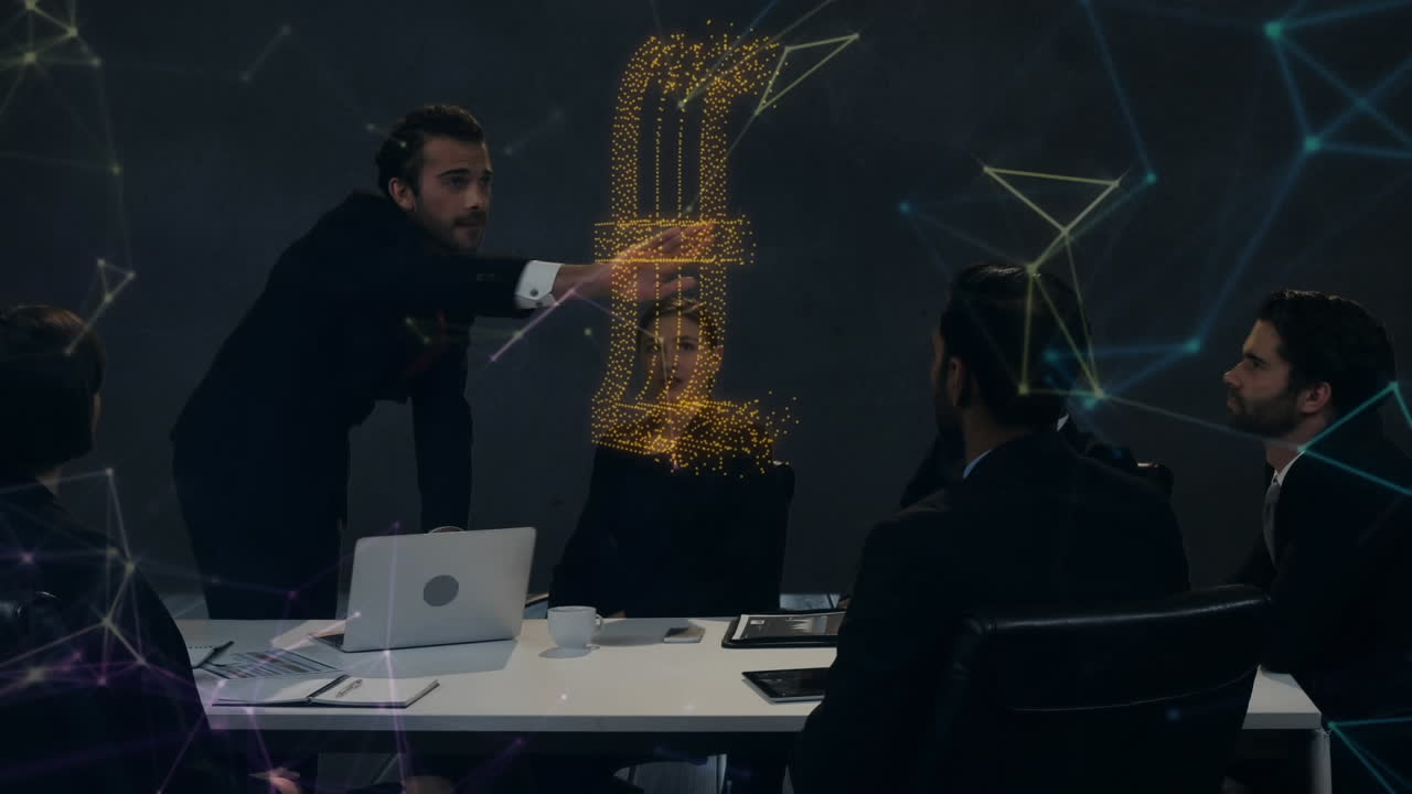 анимация сетей связей с символами виртуальной валюты и деловыми людьми