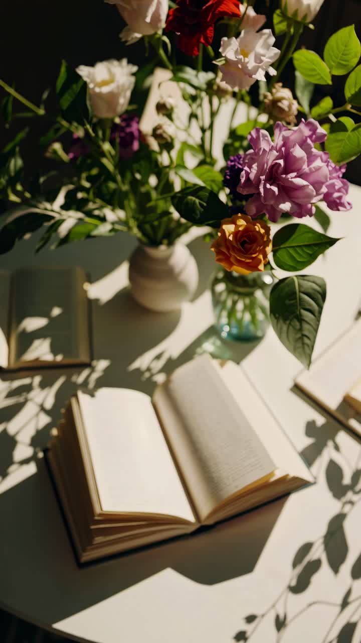 Top-down view of an elegant table with open books and flowers, casting shadows