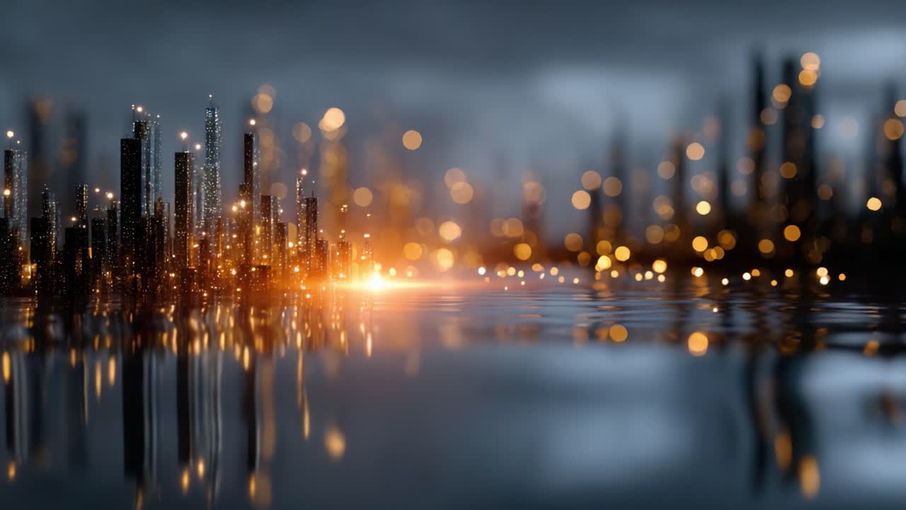 A Captivating Urban Landscape at Dusk with Twinkling Lights and Reflections in a Serene Water Body, Creating a Stunning Visual Experience
