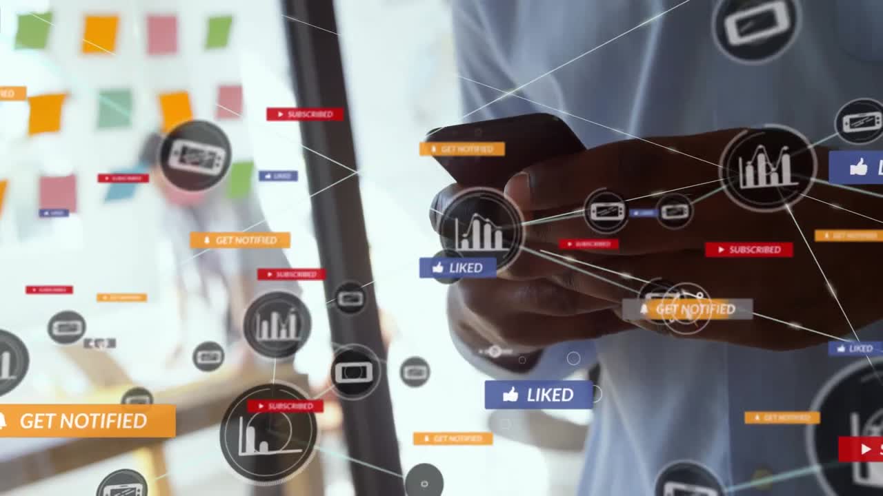 Animation of network of connection with icons over man using smartphone