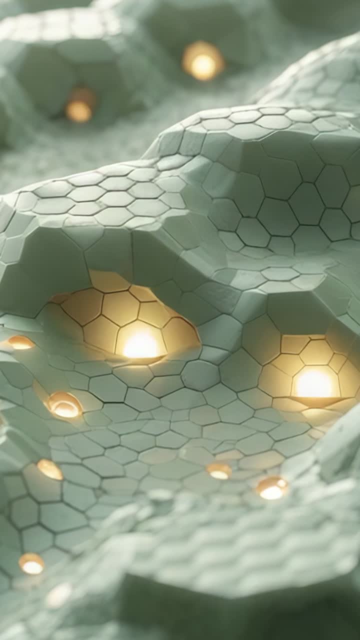 Vertical video: Starting camera pan revealing hexagon cells in CG view, showing warm light