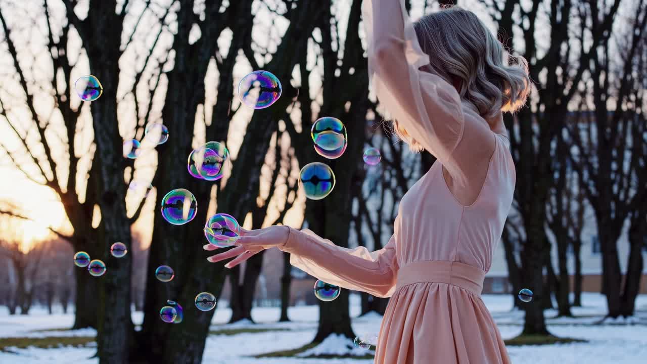 흐르는 분홍색 드레스를 입은 우아한 여성이 황금빛 해가 지는 동안 눈으로 인 겨울 공원 가운데 빛나는 비누 거품으로 놀이롭게 춤을 추고 있습니다.