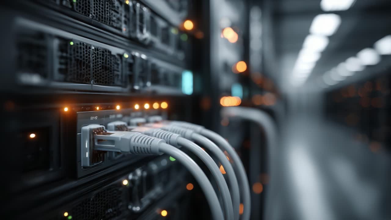 A Detailed Look at Network Servers with Cables and Lights: An Inside View of a Modern Data Center System Featuring Multiple Connections and High-Tech Infrastructure