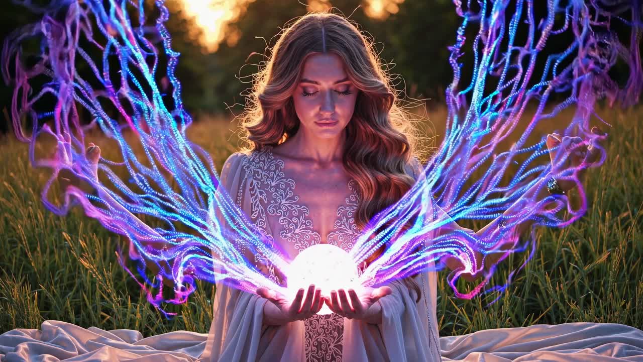 Woman wearing a white dress is sitting in a field at sunset, meditating with a glowing sphere in her hands while streams of blue and purple energy flow from her body