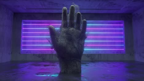 a submerged hand in a neon-lit concrete room.