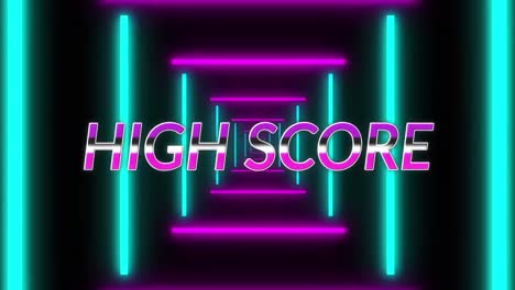 Animation-Von-Highscore-Text-über-Sich-Bewegenden-Formen-Auf-Schwarzem-Hintergrund