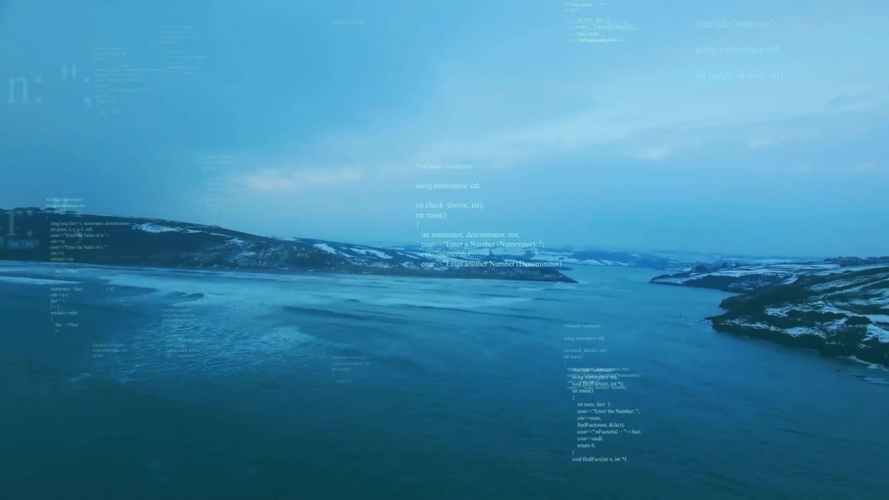 Camera gliding over fjord starting code drifting converging then receding to show data overlay