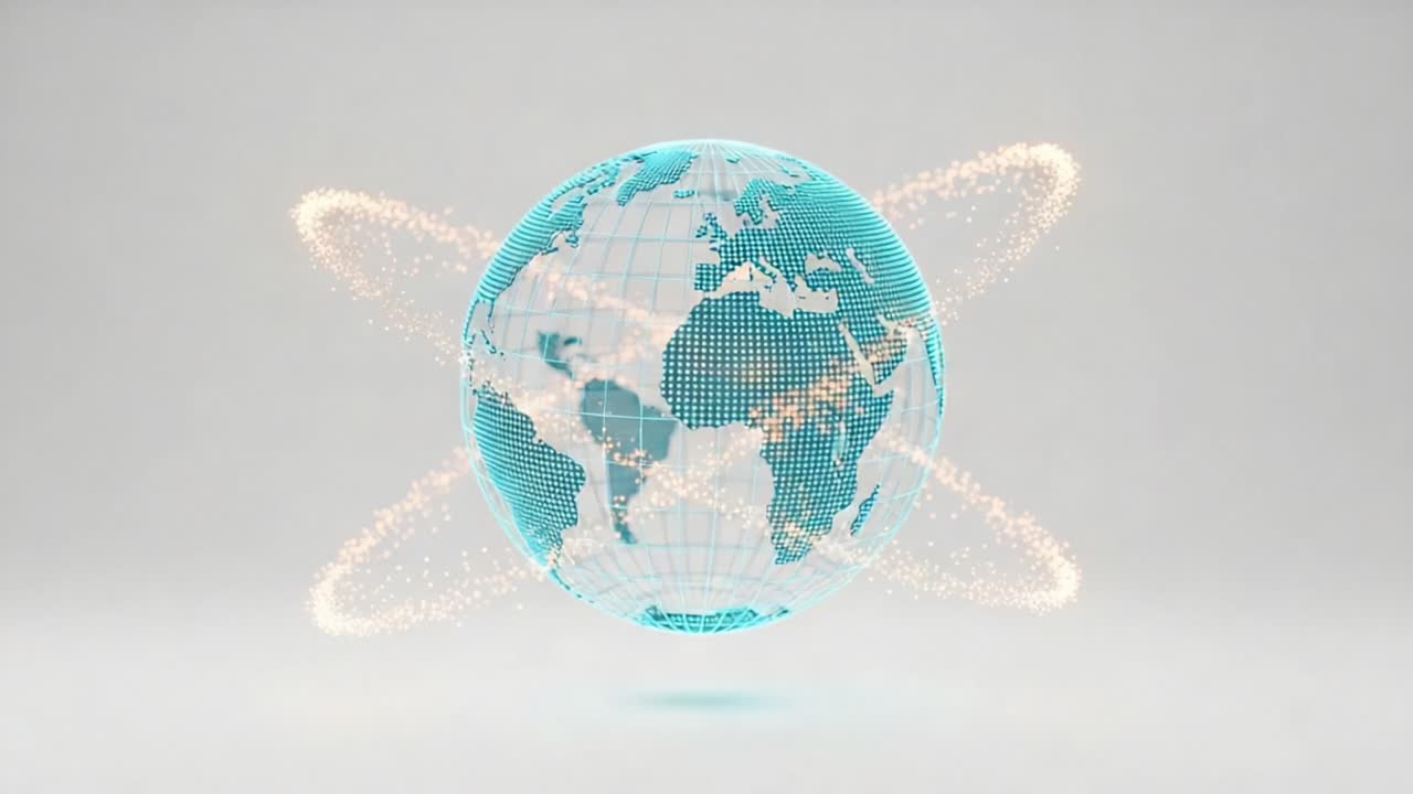 A Dynamic Visualization of a Rotating Earth Represented with Digital Dots and Light Trails, Showcasing Connectivity and Global Interaction in Modern Technology
