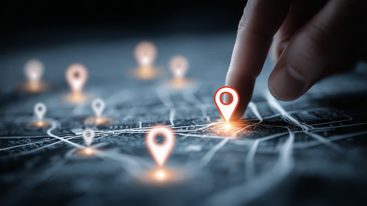 A Close-Up Exploration of Map Markers Highlighting Key Locations with a Finger Pointing, Symbolizing Navigation and Discovery in a Digital Mapping Context