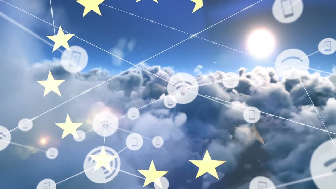 анимация сети соединений иконок с wi-fi над флагом европейского союза и облаками