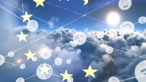 Animation-of-network-of-connections-of-icons-with-wi-fi-over-european-union-flag-and-clouds