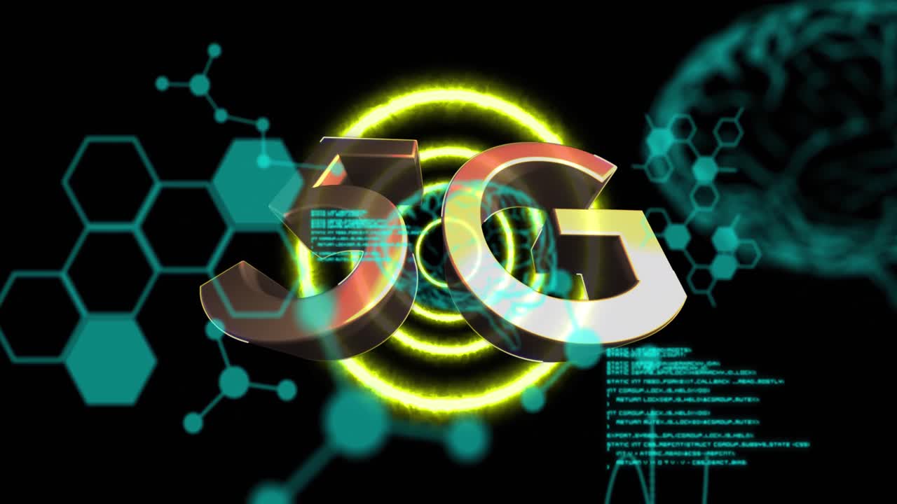 빛나는 인간 뇌와 보라색 원 위의 데이터 처리와 함께 5g 텍스트의 애니메이션