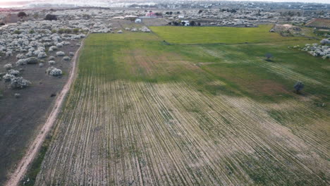 Beautiful-drone-journey-over-lush-green-and-dry-fields,-unveiling-a-scenic-panorama