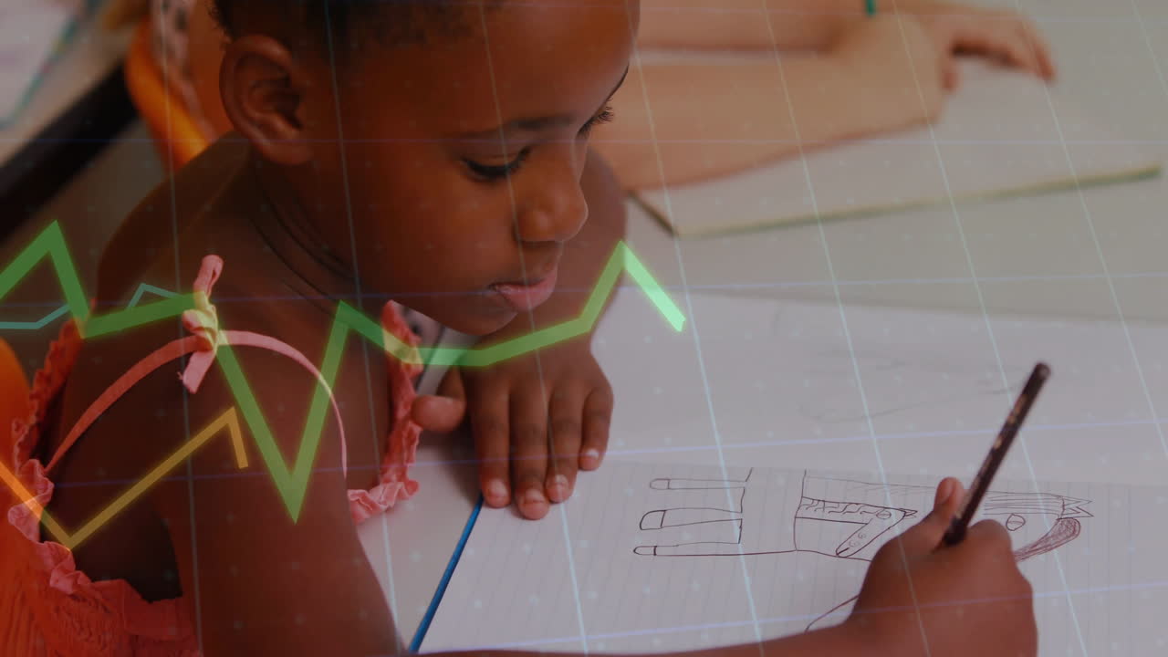 Drawing on paper, child over financial graph animation in school