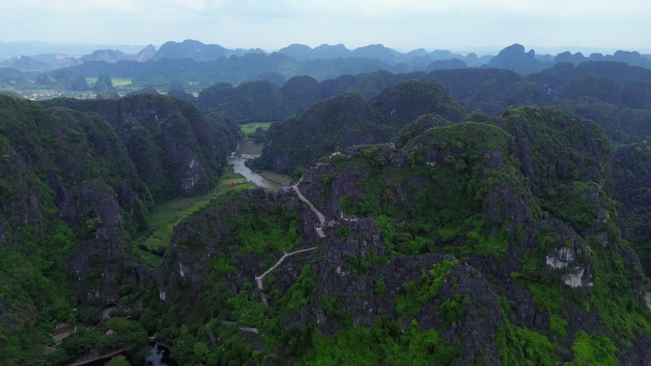 Smooth pan left over bright yellow rice paddies with rugged limestone hills in the background under clear daylight
