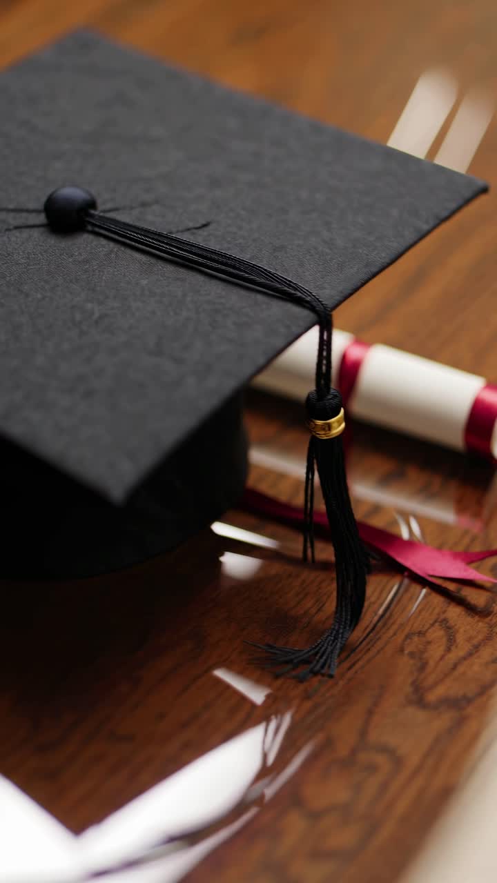 Primo piano di un tocco da laurea e un diploma su un tavolo di legno, ripresi da un angolo basso