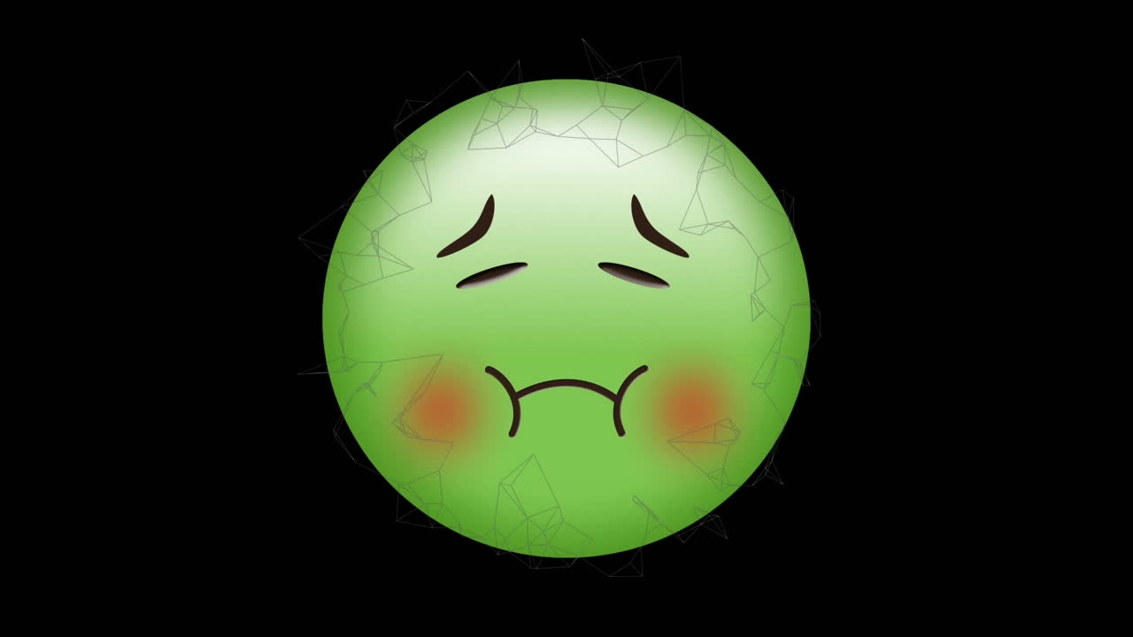 검은색 배경에 움직이는 연결 위에 아픈 이모지 아이콘의 애니메이션