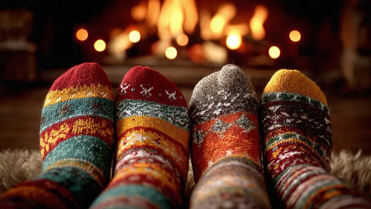 Braci accoglienti: un'immagine calorosa di calzini colorati vicino a un fuoco ardente, perfetta per una serata rilassante all'insegna del comfort e dell'allegria