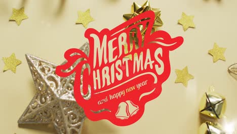 animation of merry christmas text over decorations on yellow background