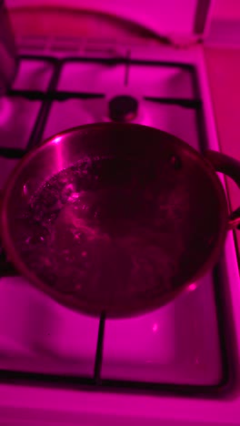 pink-lit pot of boiling water