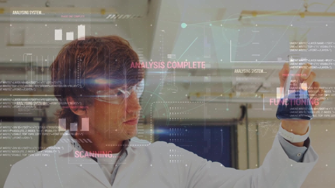 Animation of financial data processing over businesswoman using smartphone
