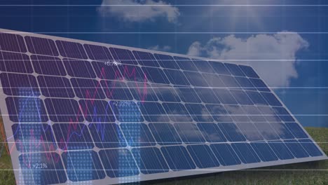 financial data processing over solar panel against clouds in blue sky
