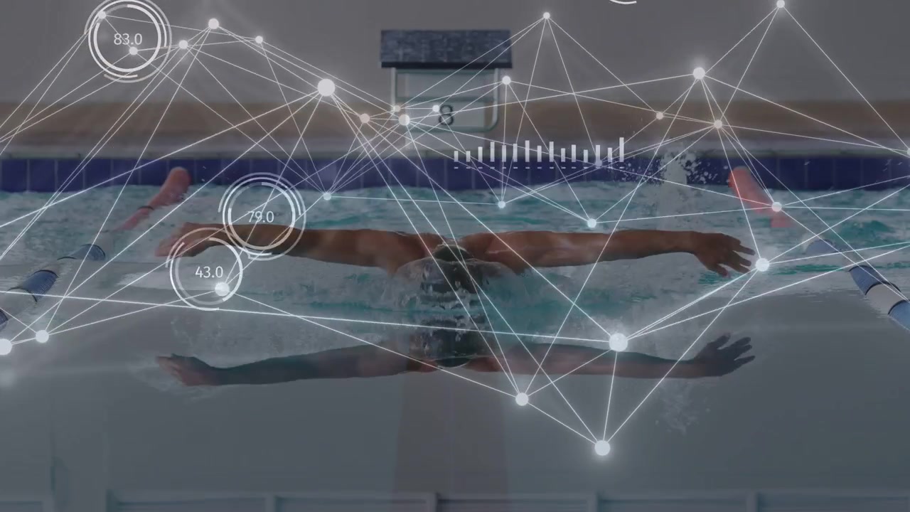 Pool-cam capturing male swimmer initiating sports lap from block 8 with HUD metrics tracking times