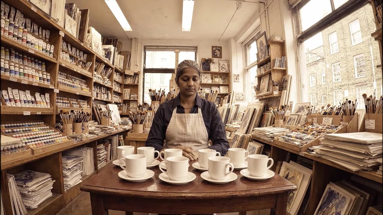 Un momento di riflessione di un artista circondato da tazze di caffè in uno studio creativo pieno di materiali artistici e colori vivaci