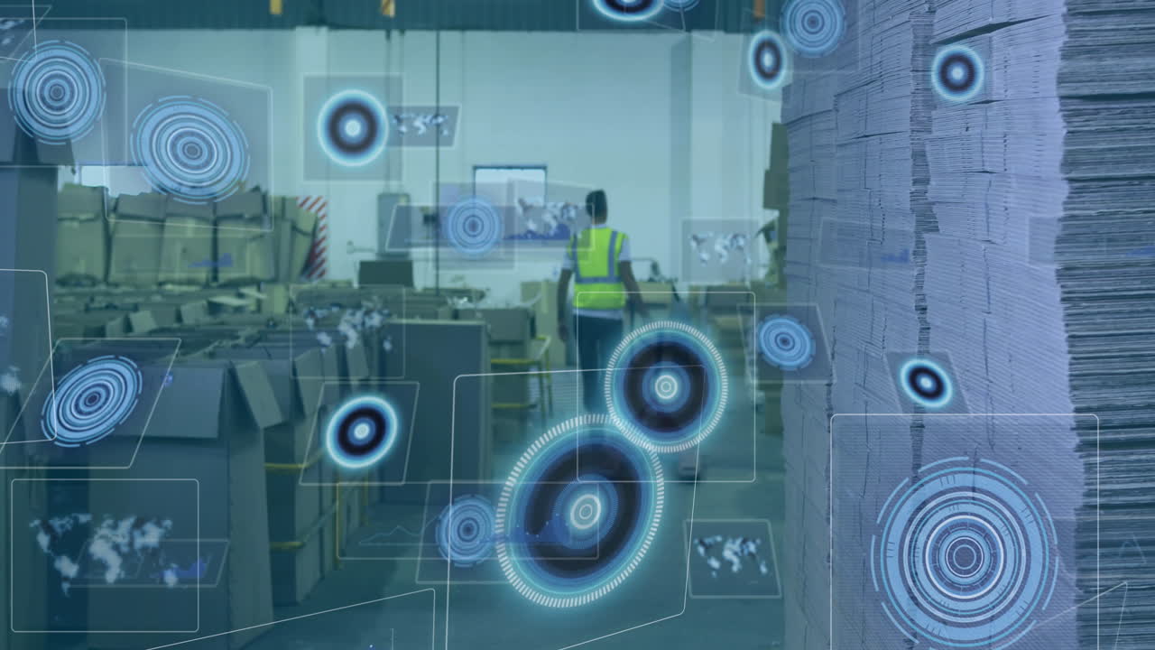 animación de procesamiento de datos con escaneo de alcance sobre trabajador masculino caucásico en un almacén