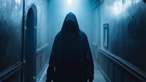 a person in a hooded cloak walking down a dark hallway