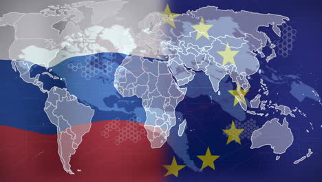 world map with russia and european union flags animation