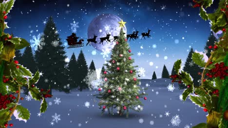 Weihnachtskranzdekoration-über-Schneeflocken,-Die-über-Den-Weihnachtsbaum-In-Der-Winterlandschaft-Fallen